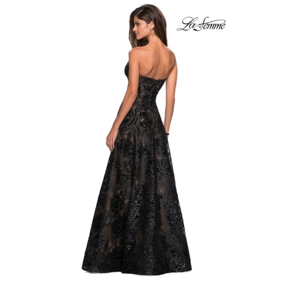 Steal the spotlight in La Femme 27164 black floor length strapless A-line gown. - Picture 11 of 16